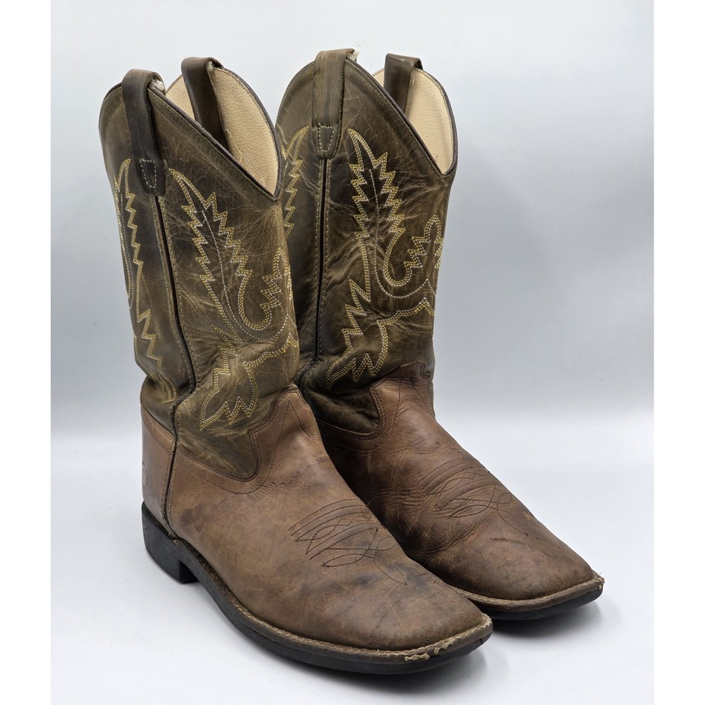 Old West BSY1877 Youth Size 6 D Brown Green Leather Western Cowboy Boots